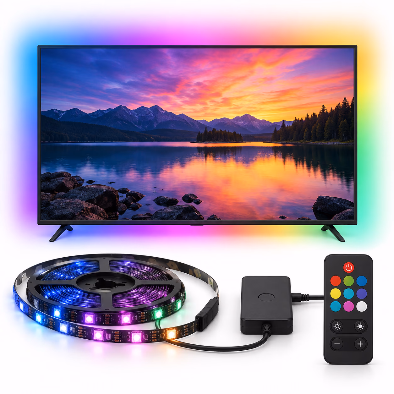 Dimmable multi-colour LED strip kit with its controller and remote, lighting the back of a TV