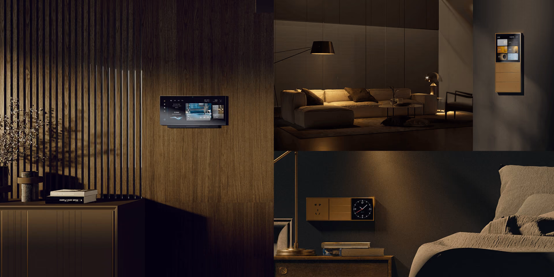 Orvibo control panels installed in a dark timber living room and bedside setting