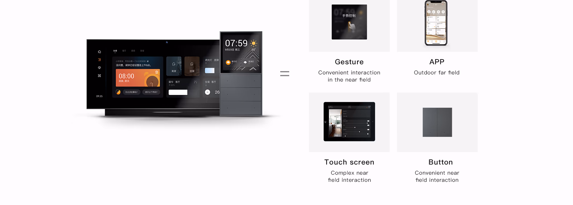 The four ways to control an Orvibo MixPad: gesture, app, touchscreen and physical button