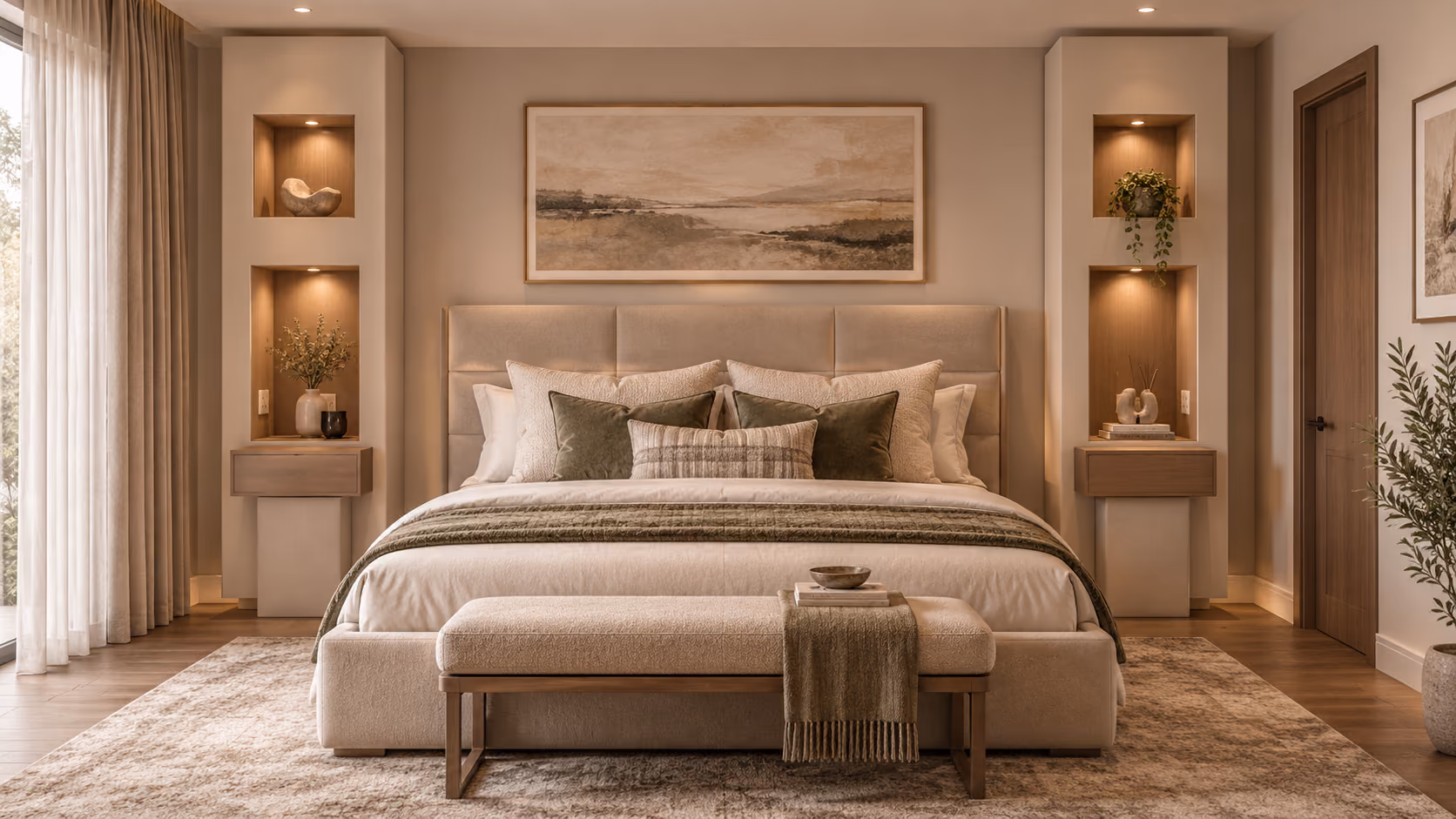 Bedside Smart Columns with a cream panelled headboard and two lit display niches on each side