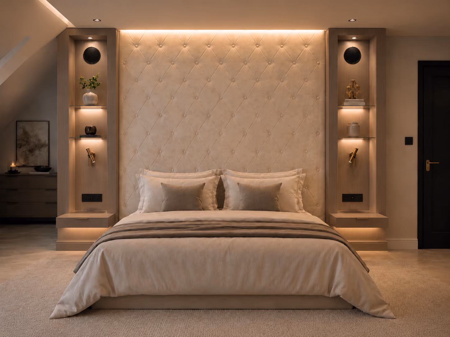 Cream tufted headboard with lit bedside shelving