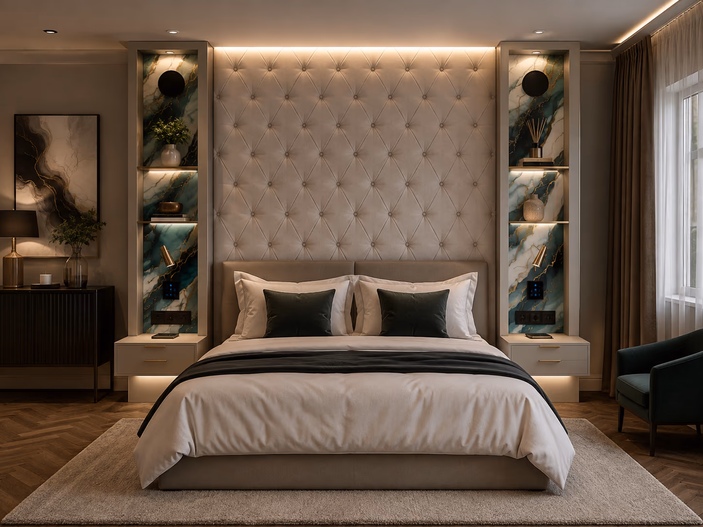 Bedside Smart Columns with tall tufted headboard and marble display columns