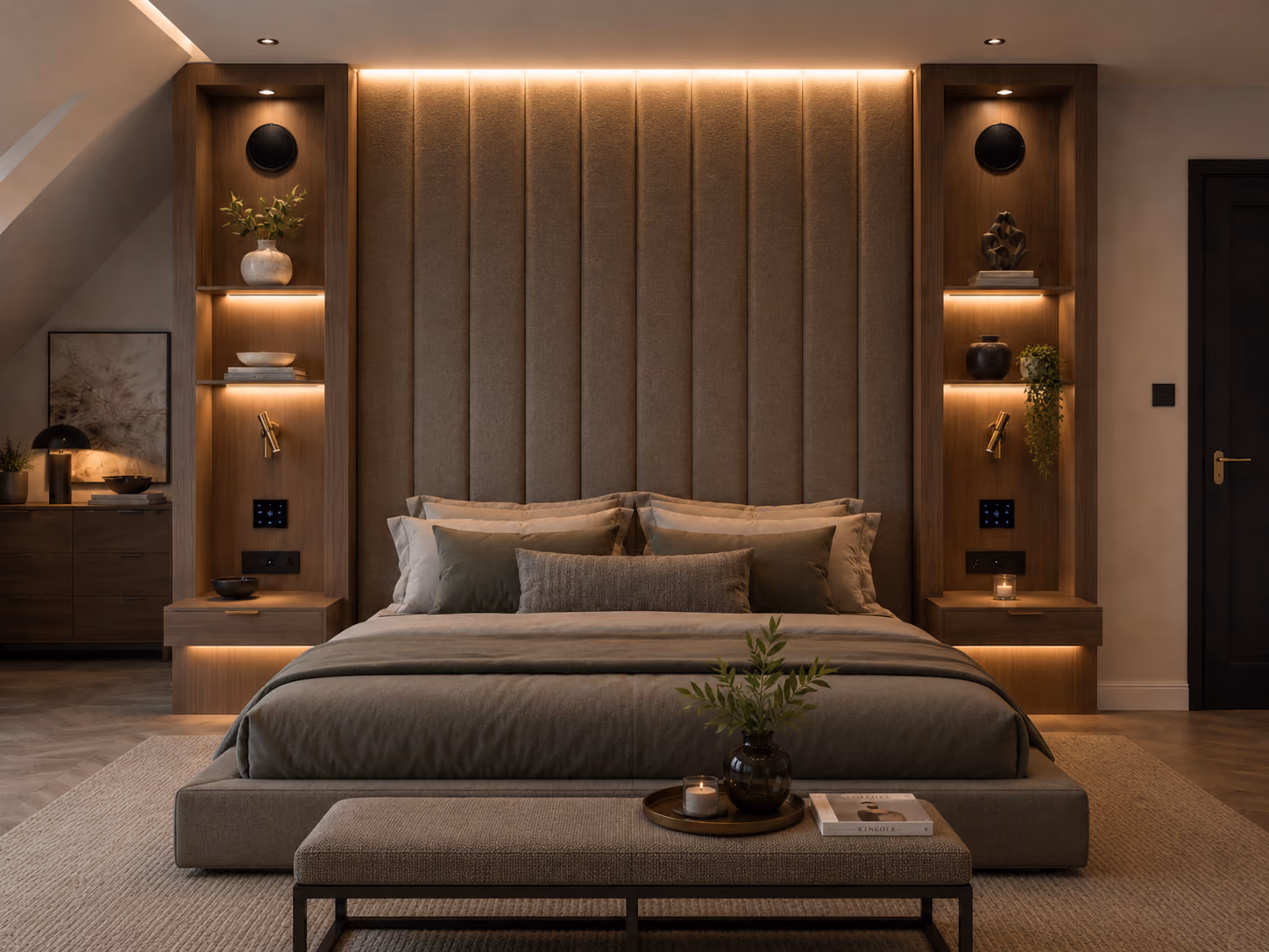Vertical panel headboard with wood-finish bedside columns