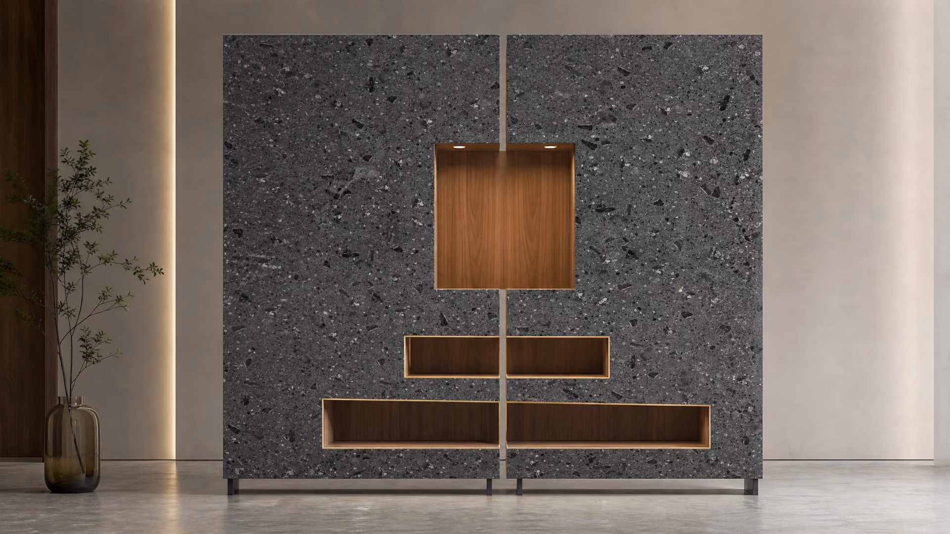 Dark terrazzo smart wall panels with wood-lined recesses