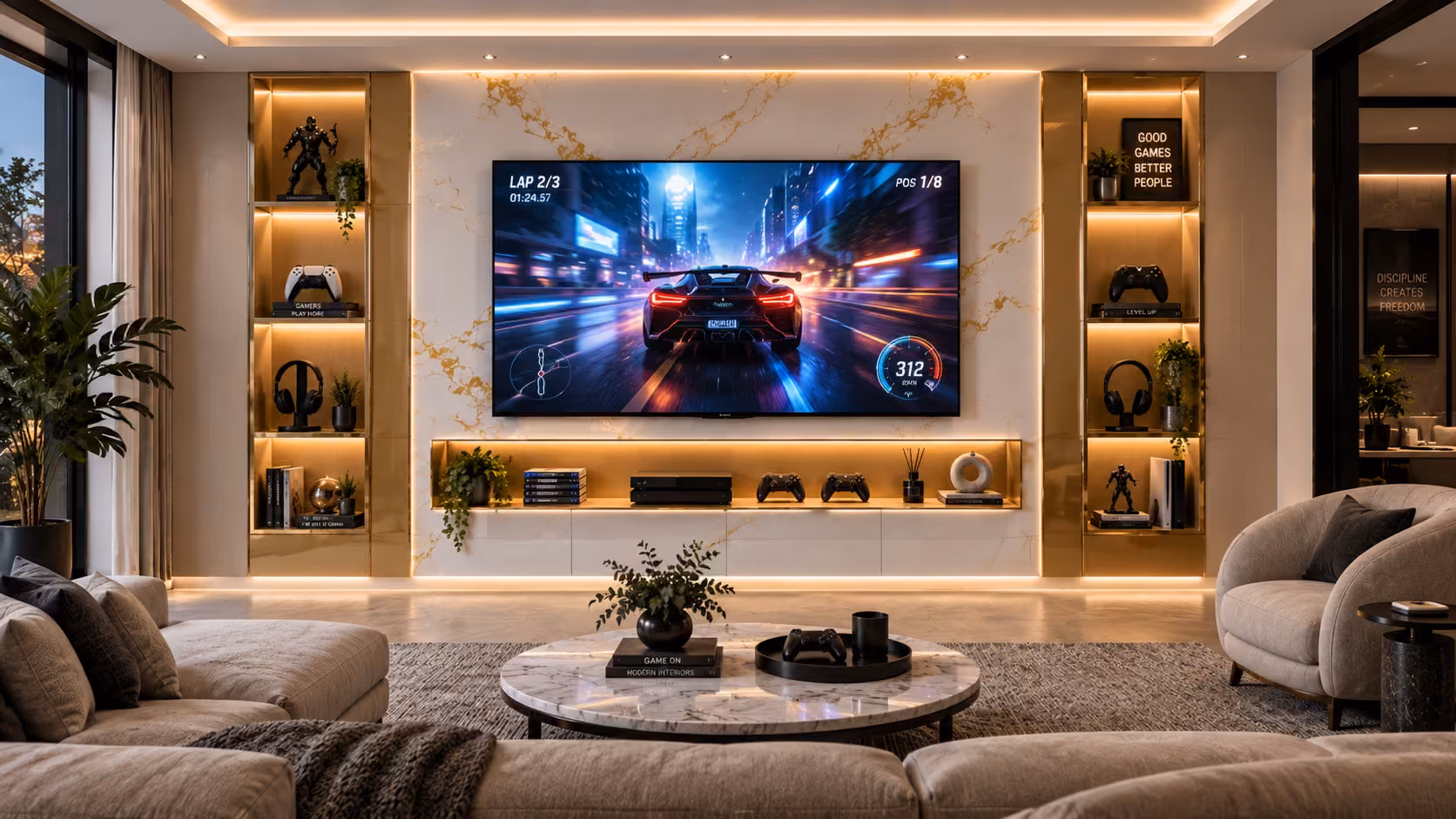 Gaming smart wall with a marble surround, backlit display columns for consoles and figures, and a racing game on the mounted screen
