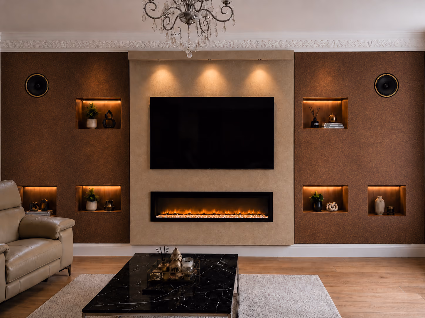 Copper-panelled media wall with fireplace and integrated round speakers