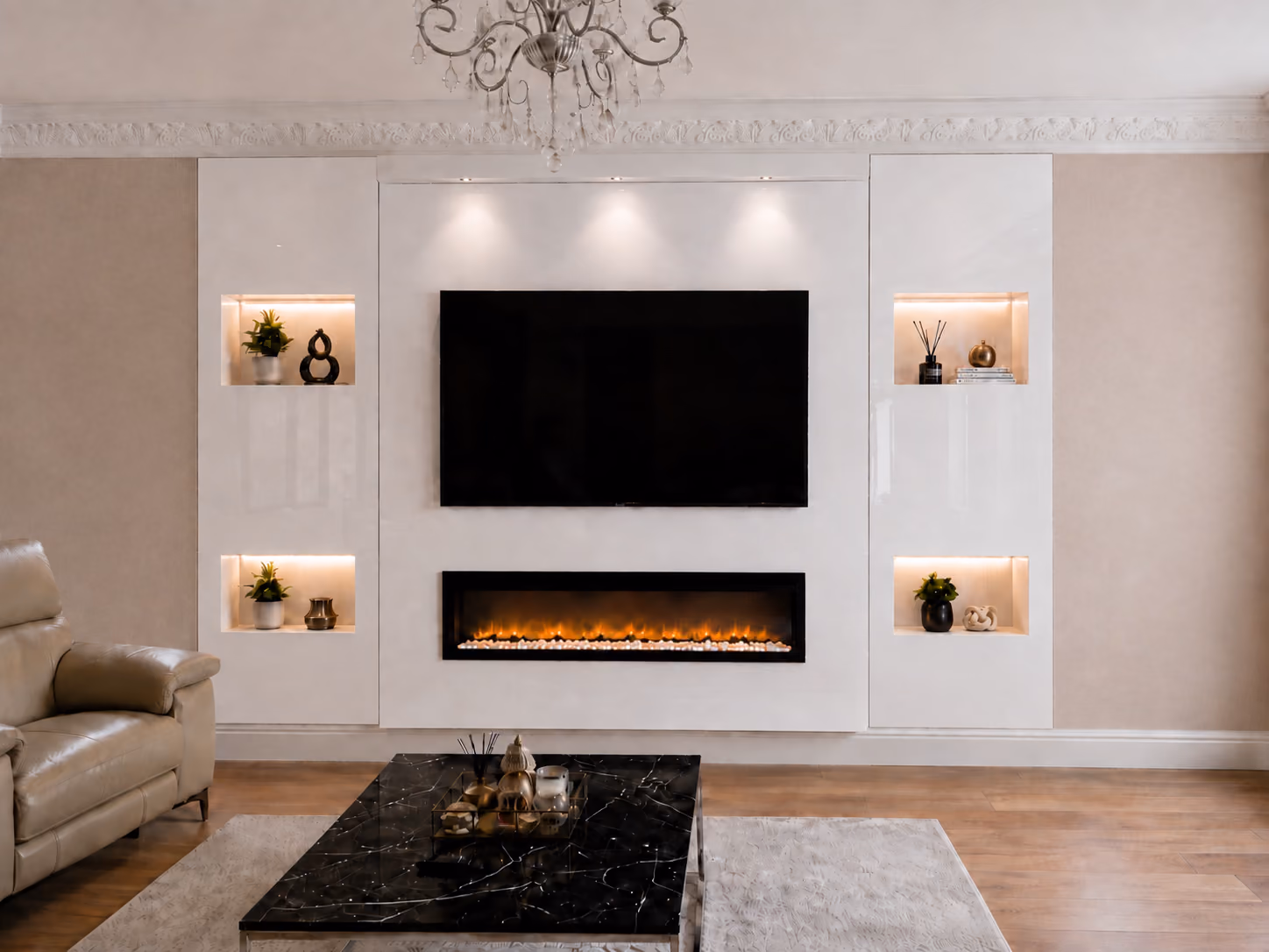 Gloss white media wall with fireplace and four display niches