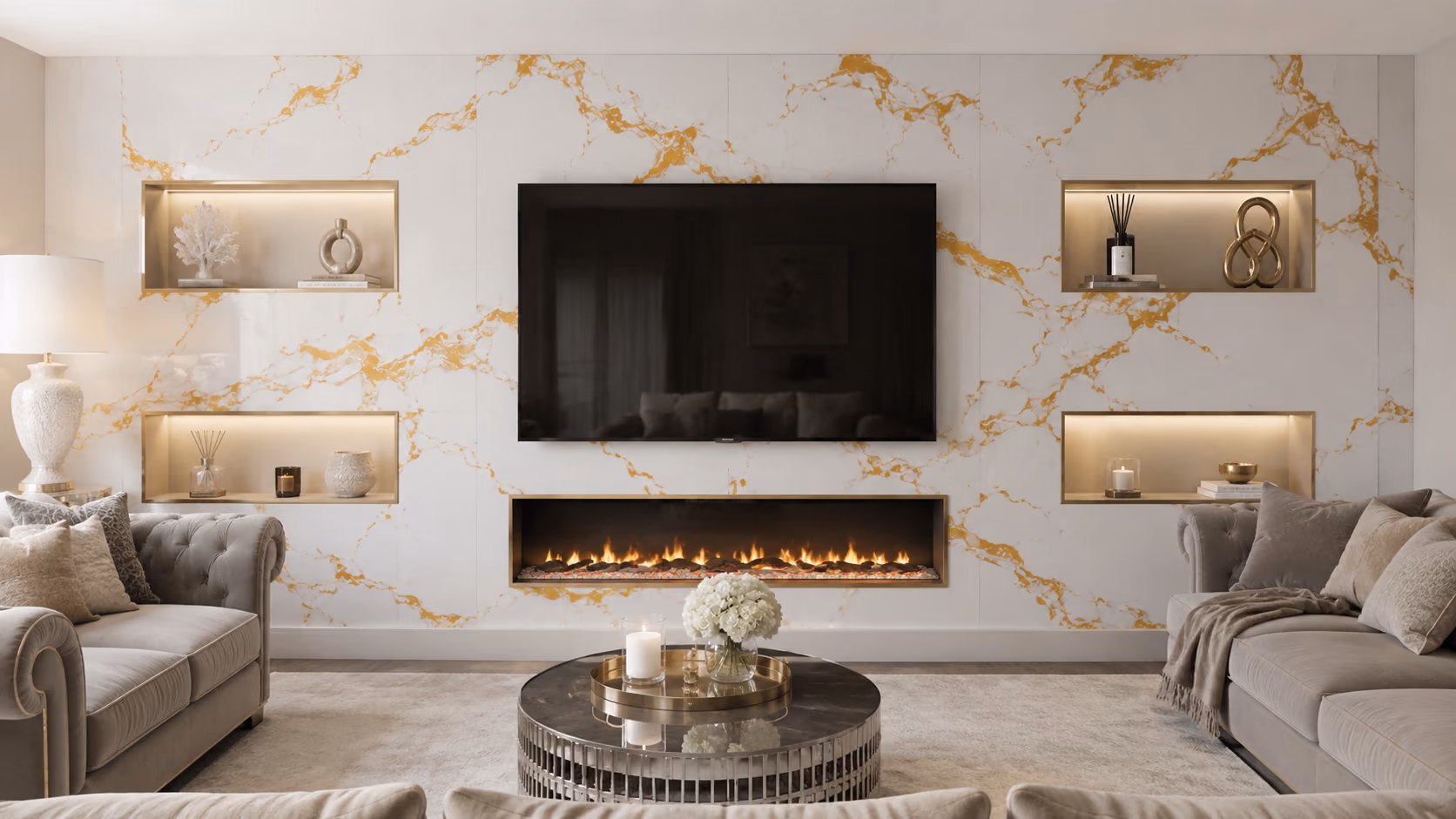 Living room media wall in gold-veined marble with an electric fire and lit display niches