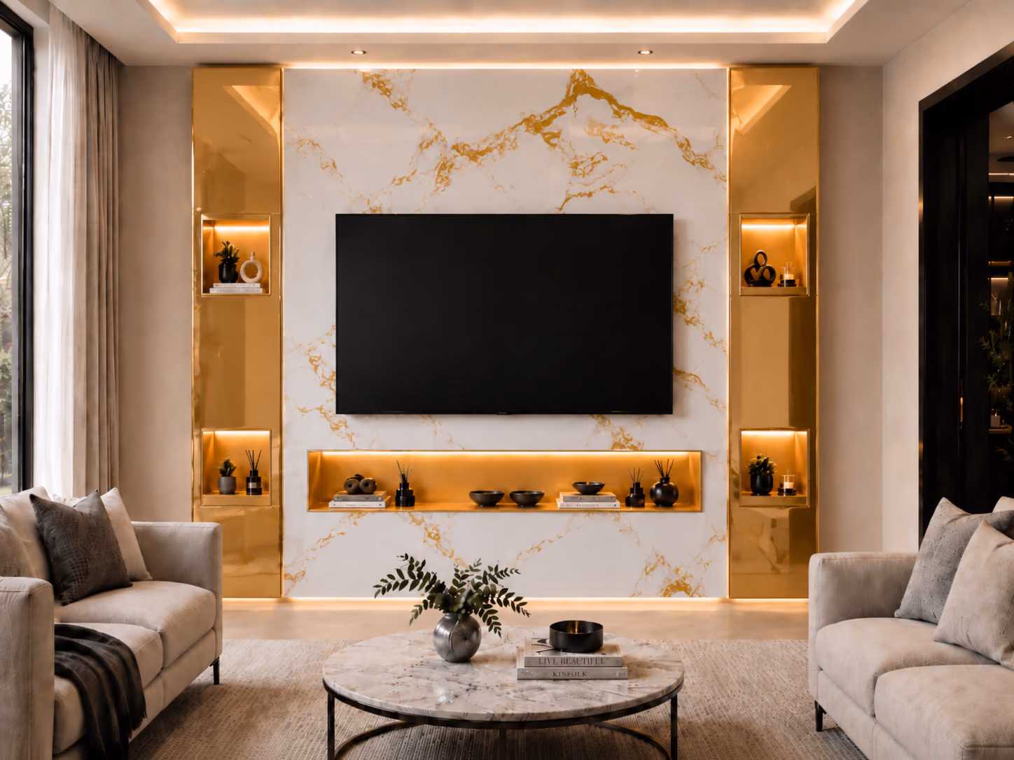 Gold-veined marble smart wall with gold display columns