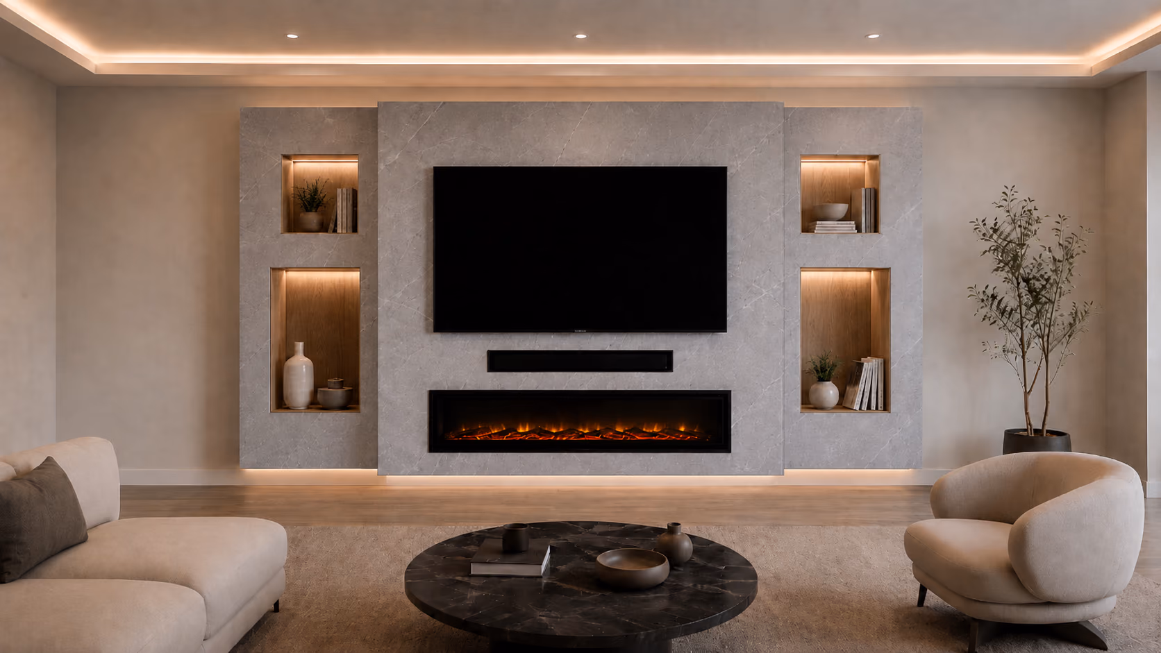 Grey media wall with fireplace and white display columns