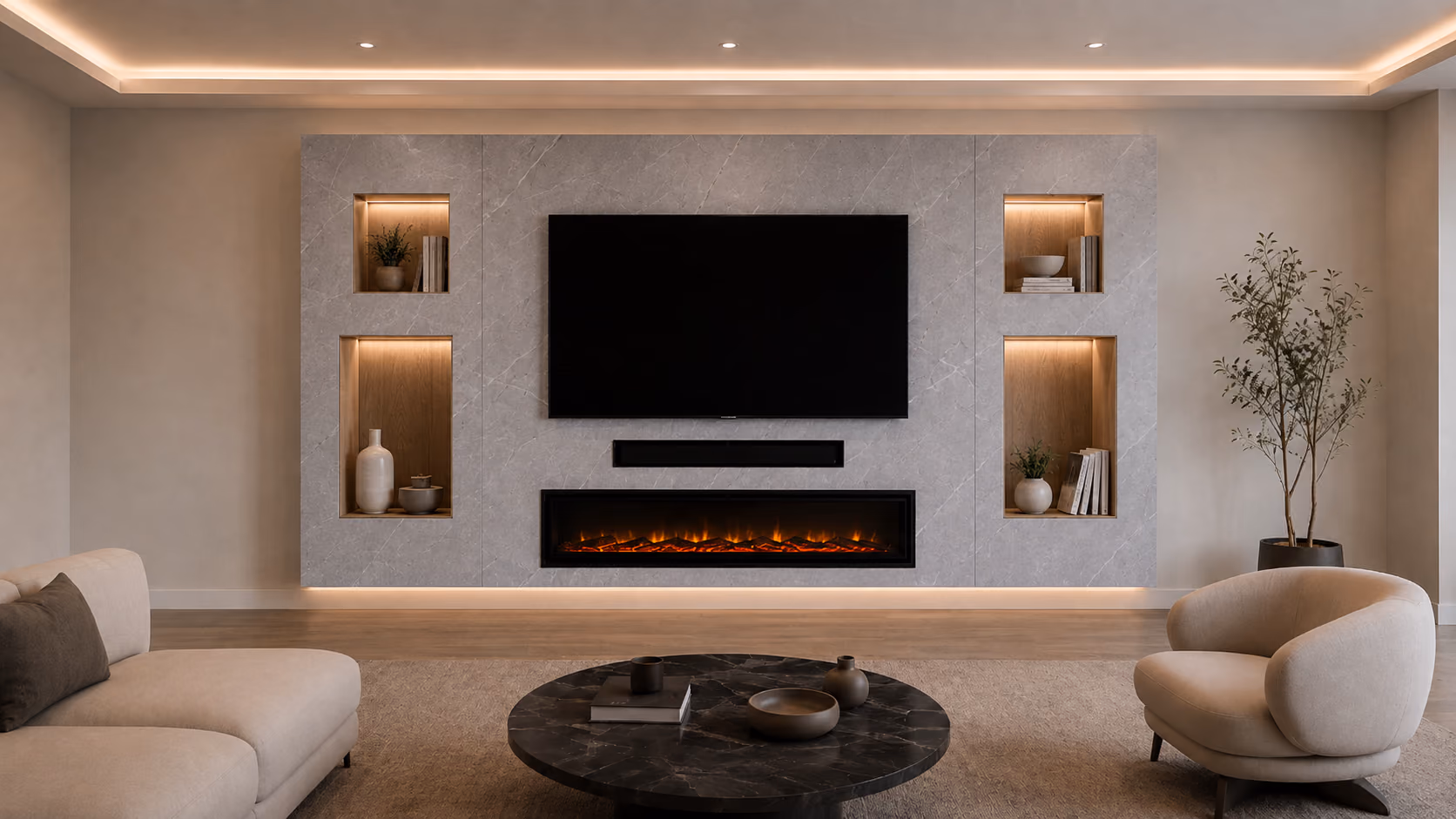 Light grey stone feature wall with fire and lit niches