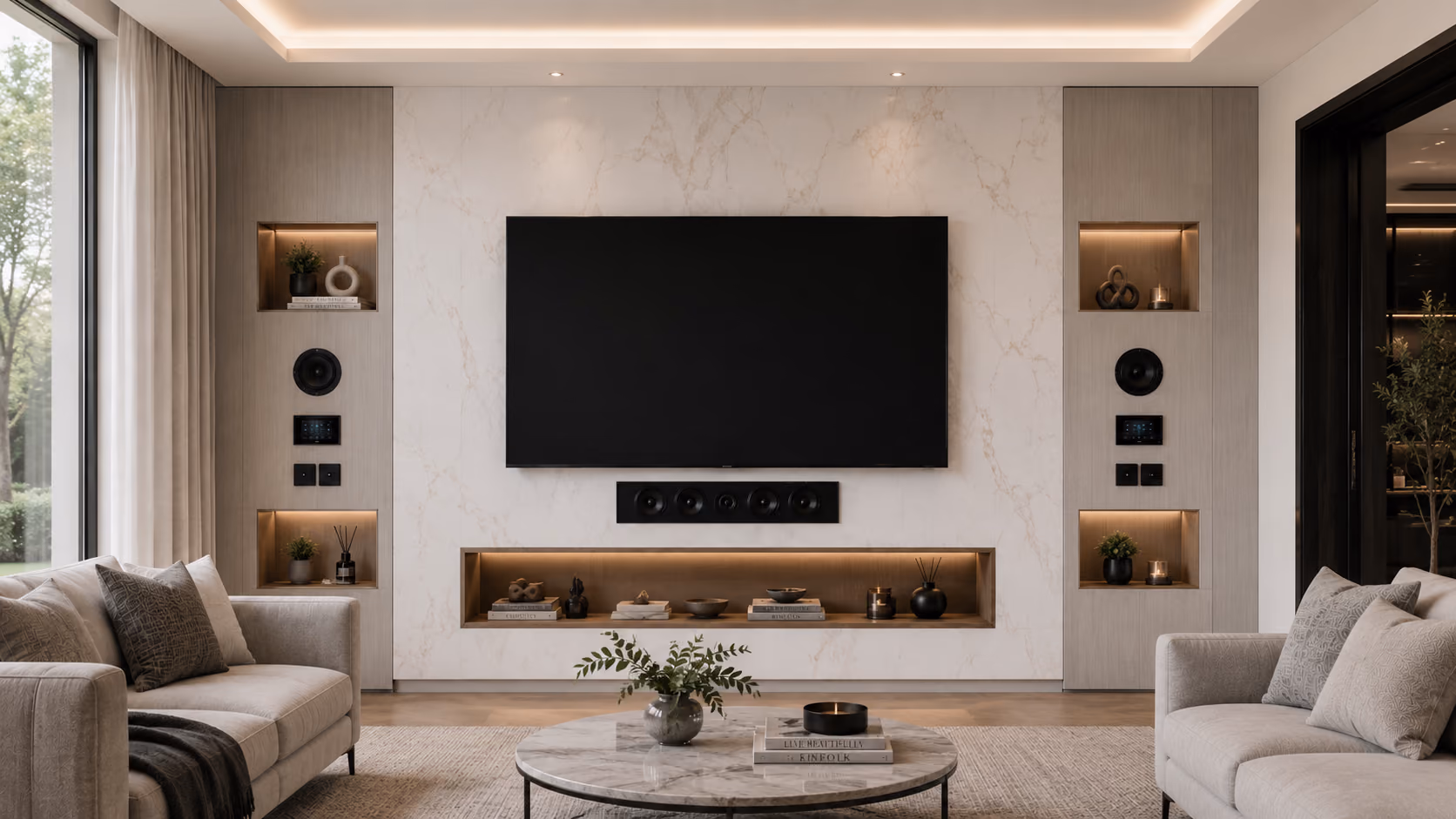Marble media wall with built-in speakers and display niche