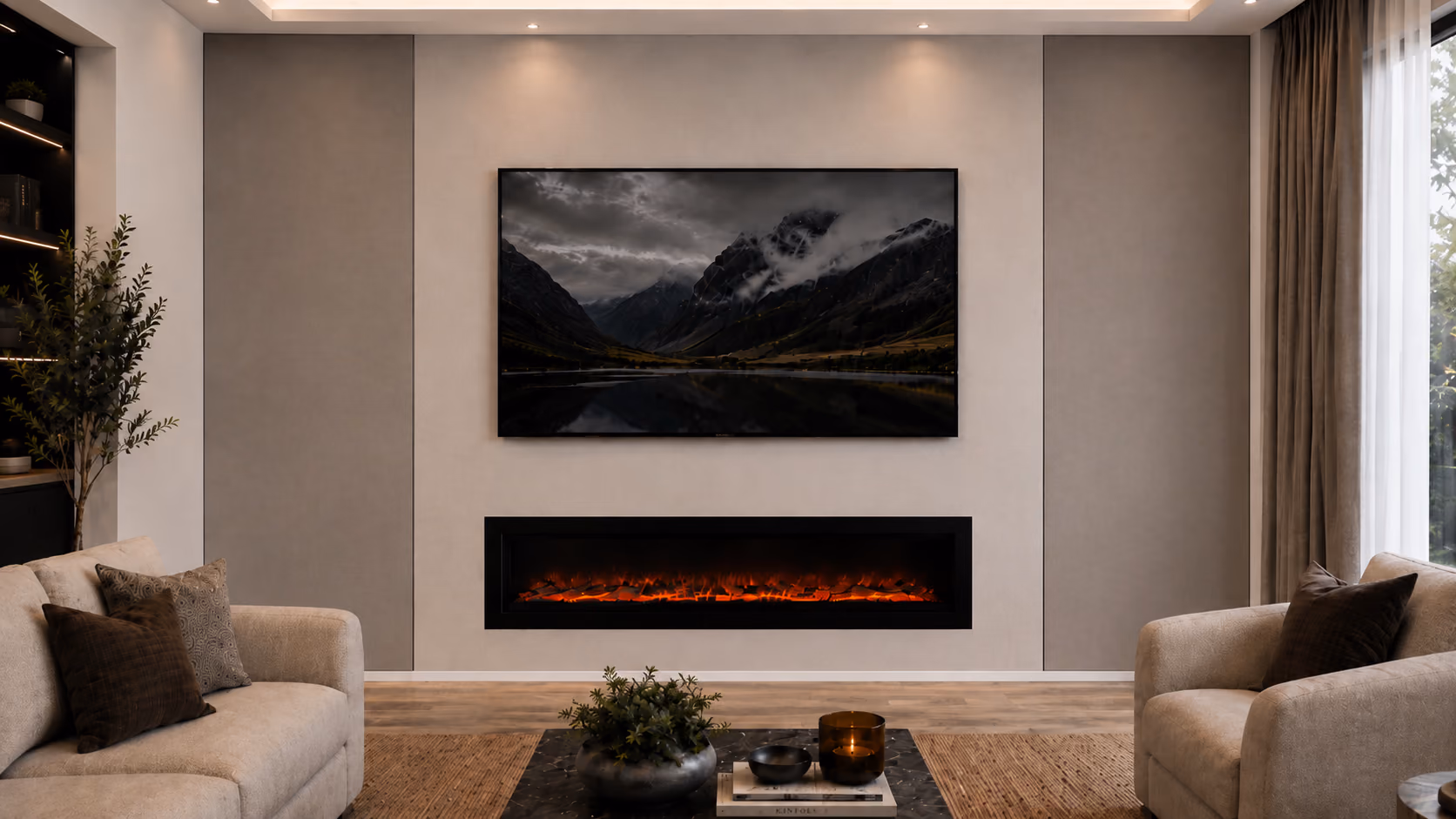 Minimal white media wall with a wide linear electric fire