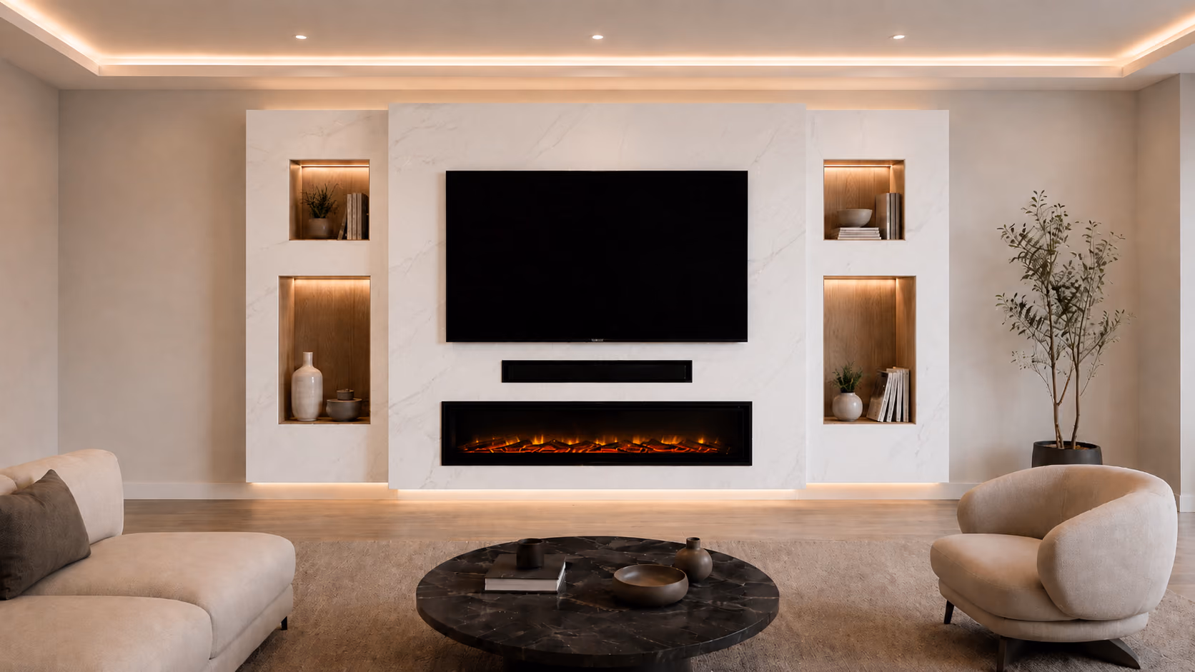 White marble smart wall with recessed TV, linear fire and four lit shelves