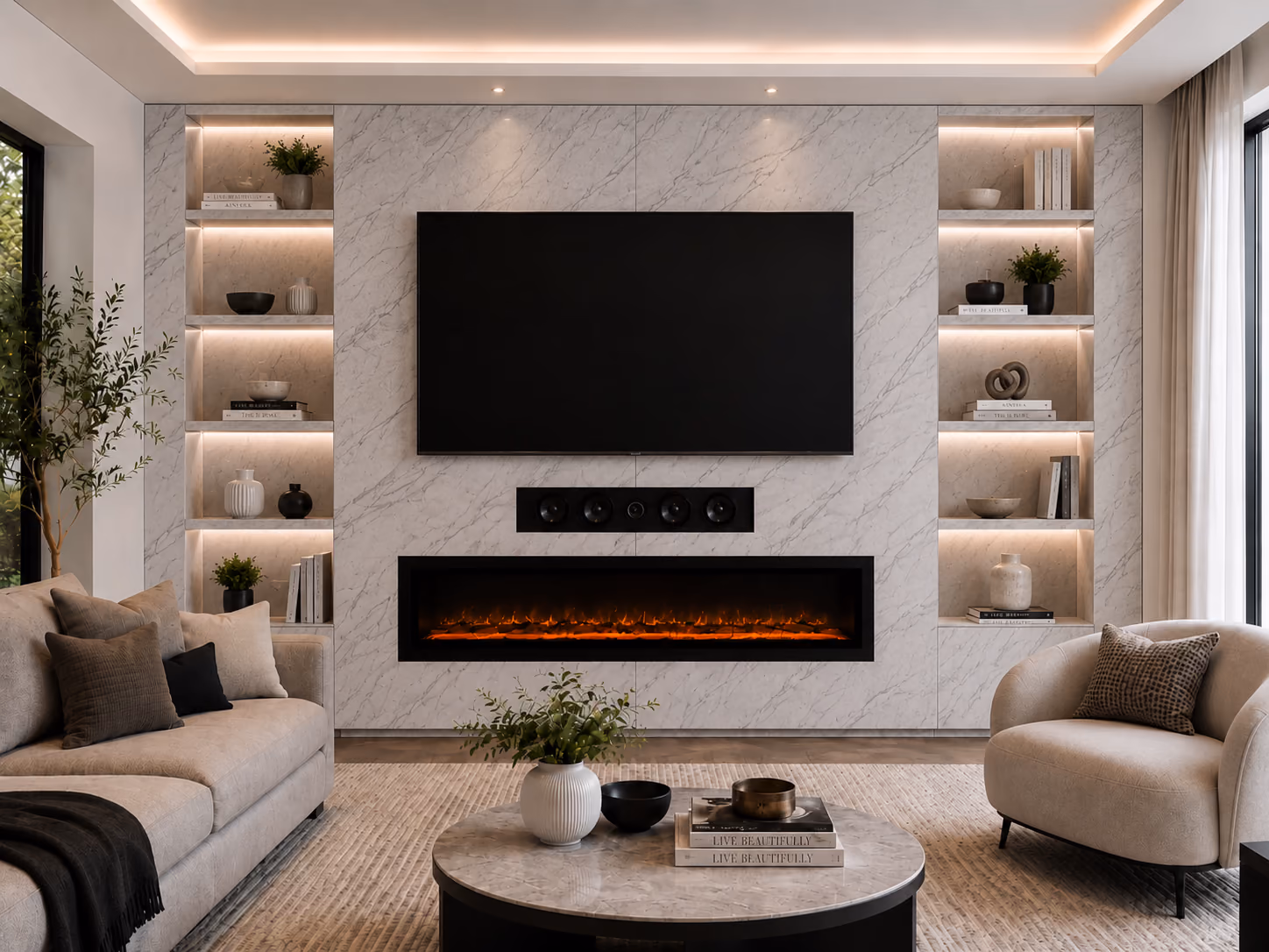 White marble media wall with full-height lit display shelves