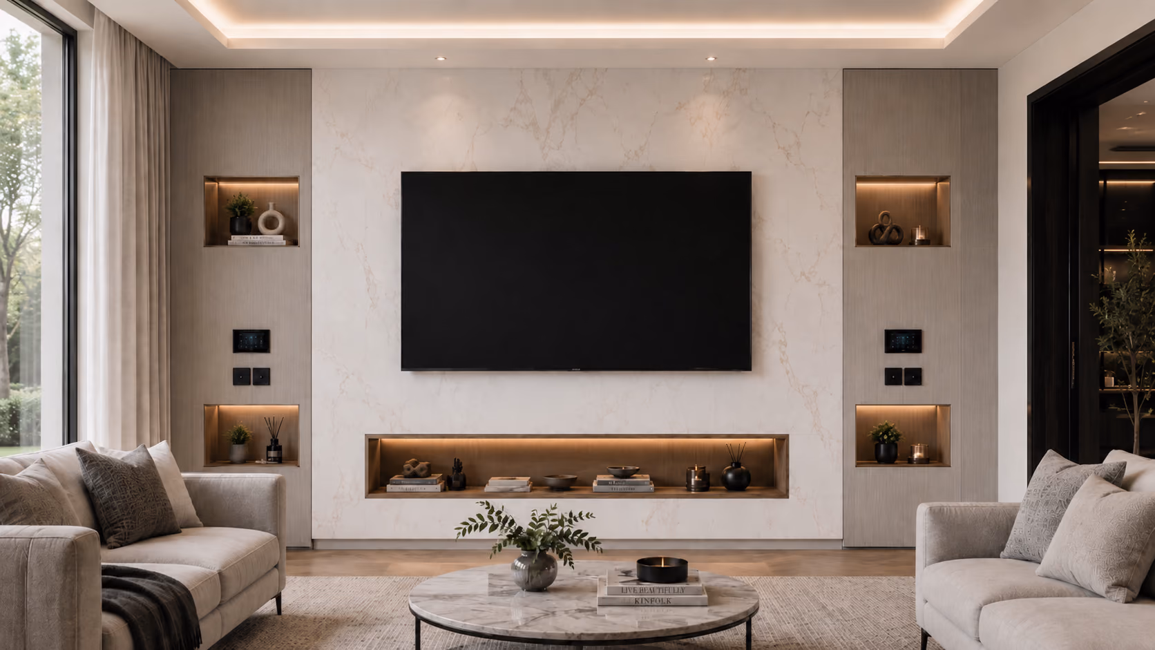 White marble media wall with a long horizontal display niche