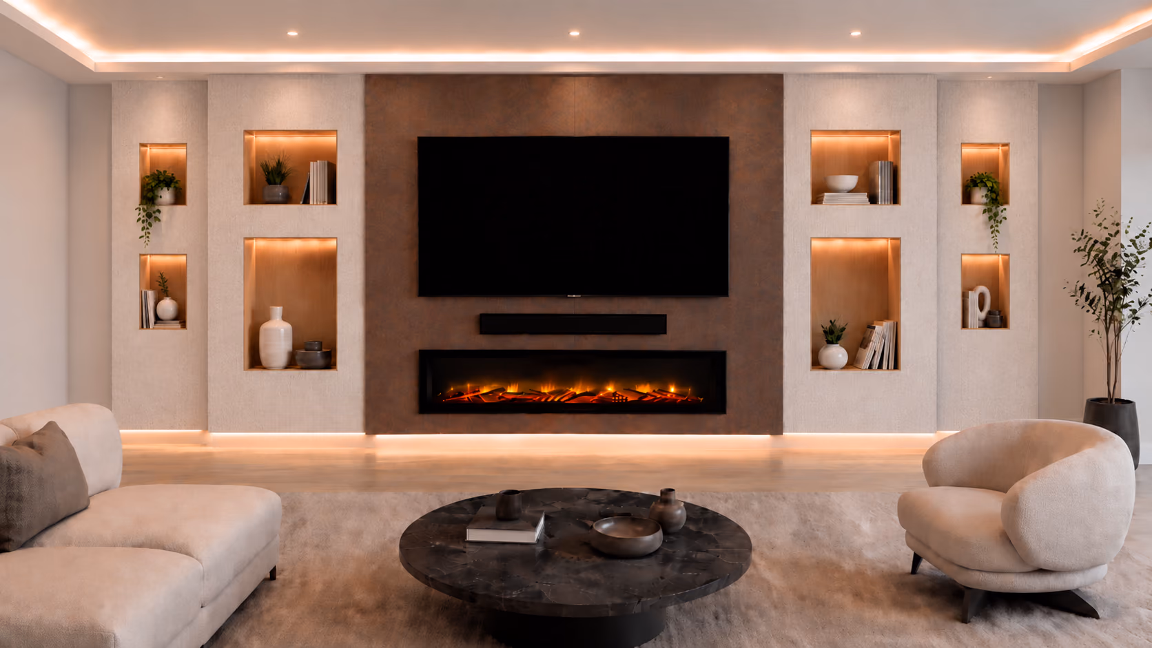 Wide brown smart wall with fireplace and six illuminated niches