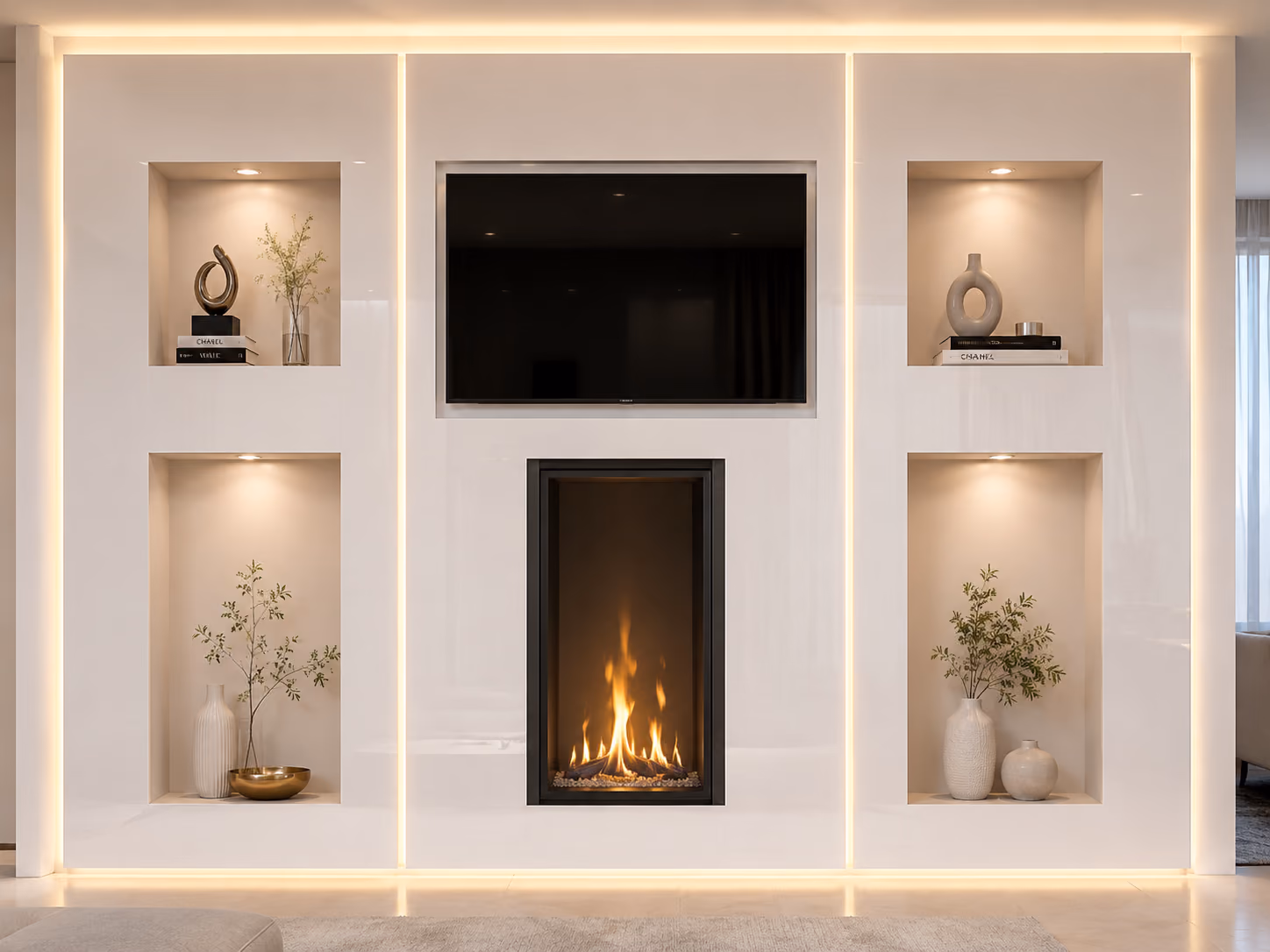 White TV wall with vertical fireplace and LED-outlined panels