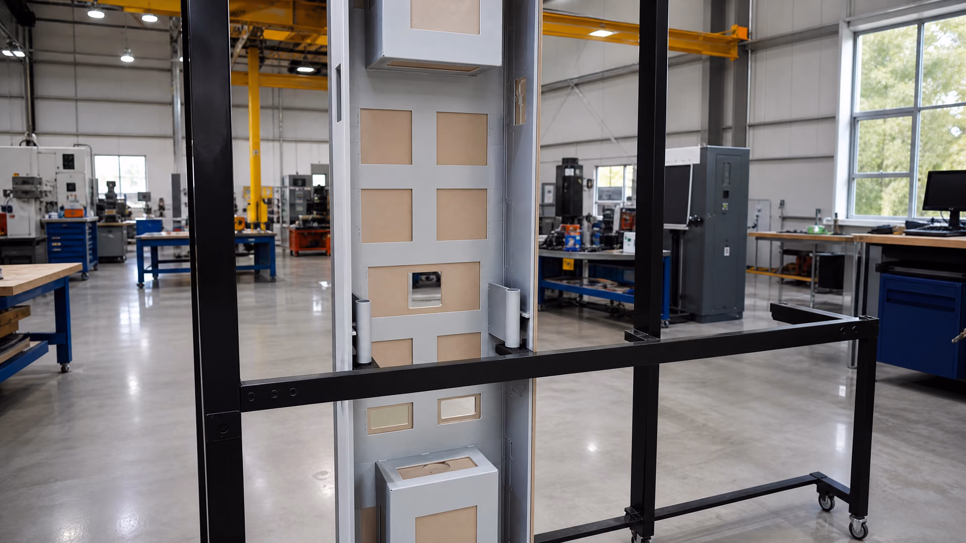 Rear of a smart wall module on the factory assembly frame showing concealed wiring