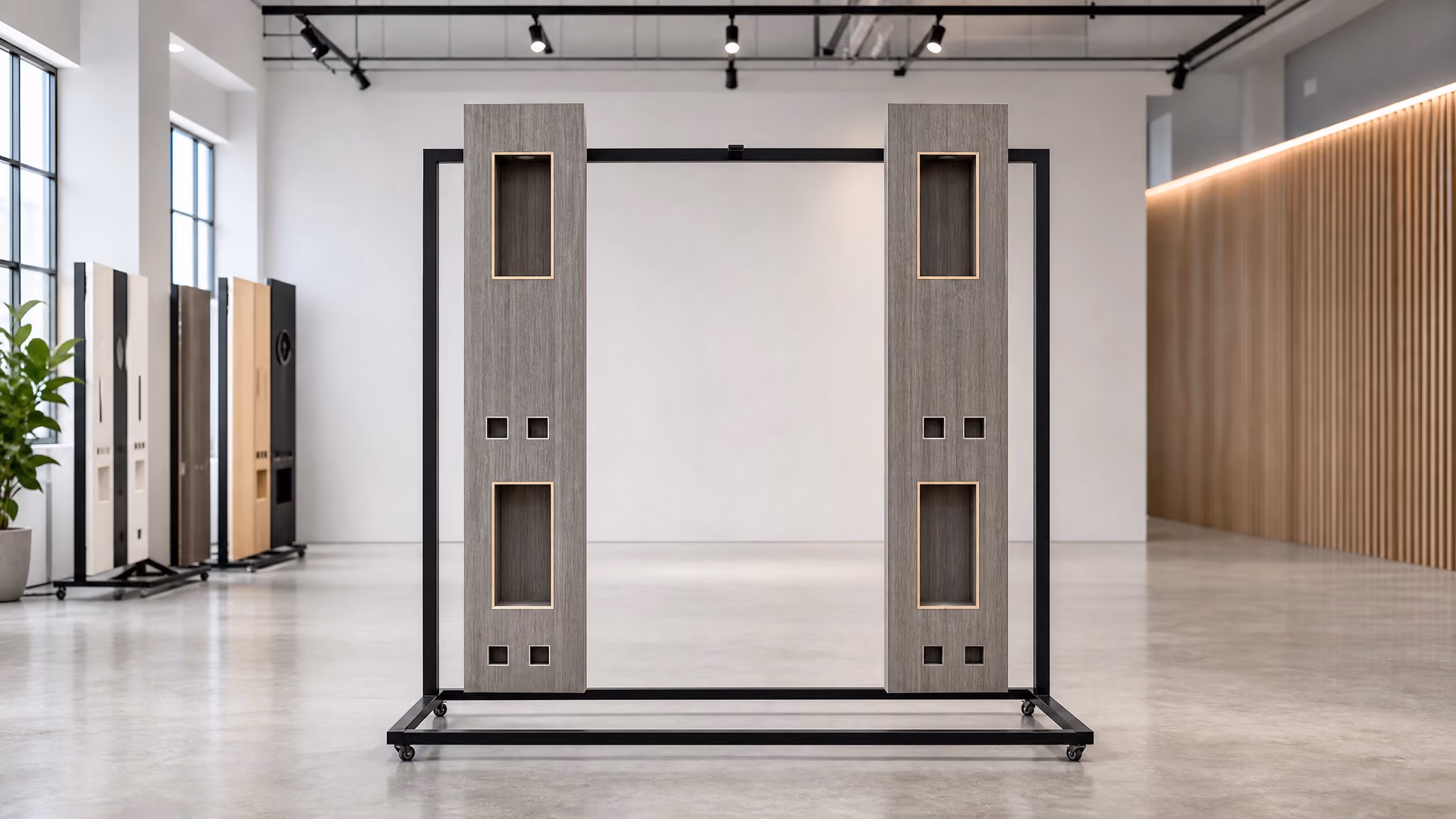 Twin grey smart wall columns on the workshop display frame