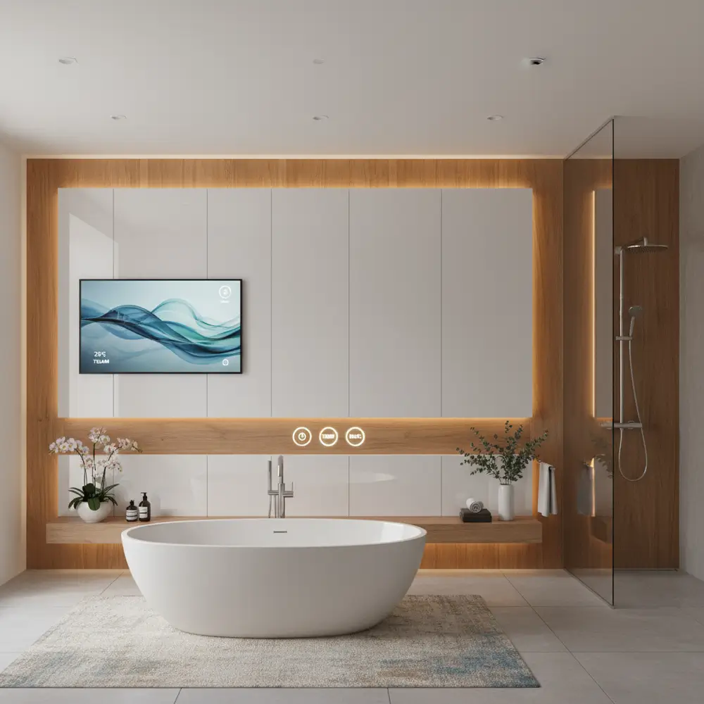 Bathroom smart wall — Moisture-tolerant finishes with mirror and storage options.