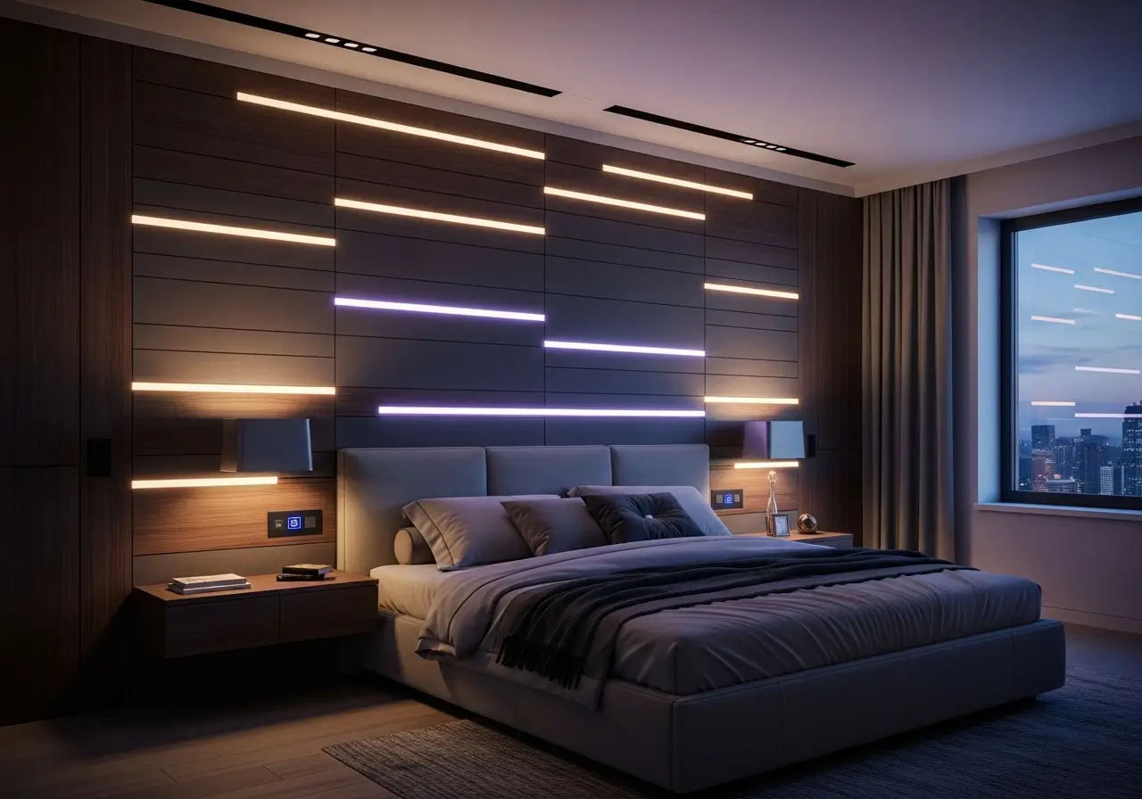 Bedroom smart wall — Soft lighting, concealed storage, and acoustic comfort.