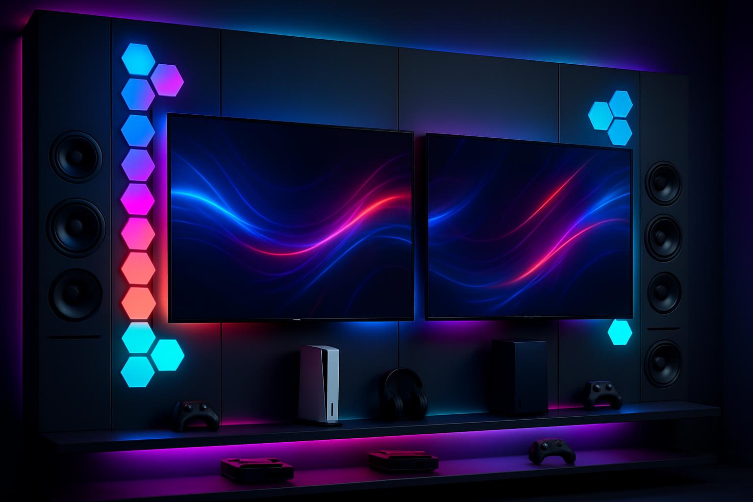 Modular smart gaming wall with hidden cabling and RGB ambient lighting