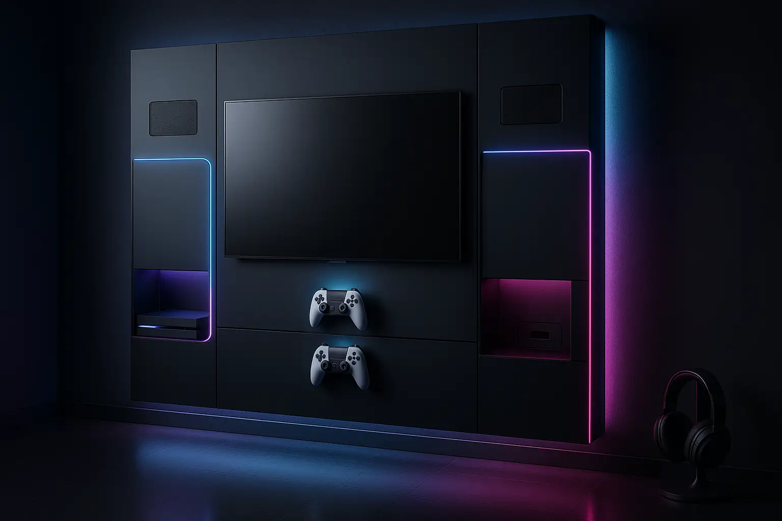 Smart gaming wall with ergonomic monitor mounting and ambient lighting