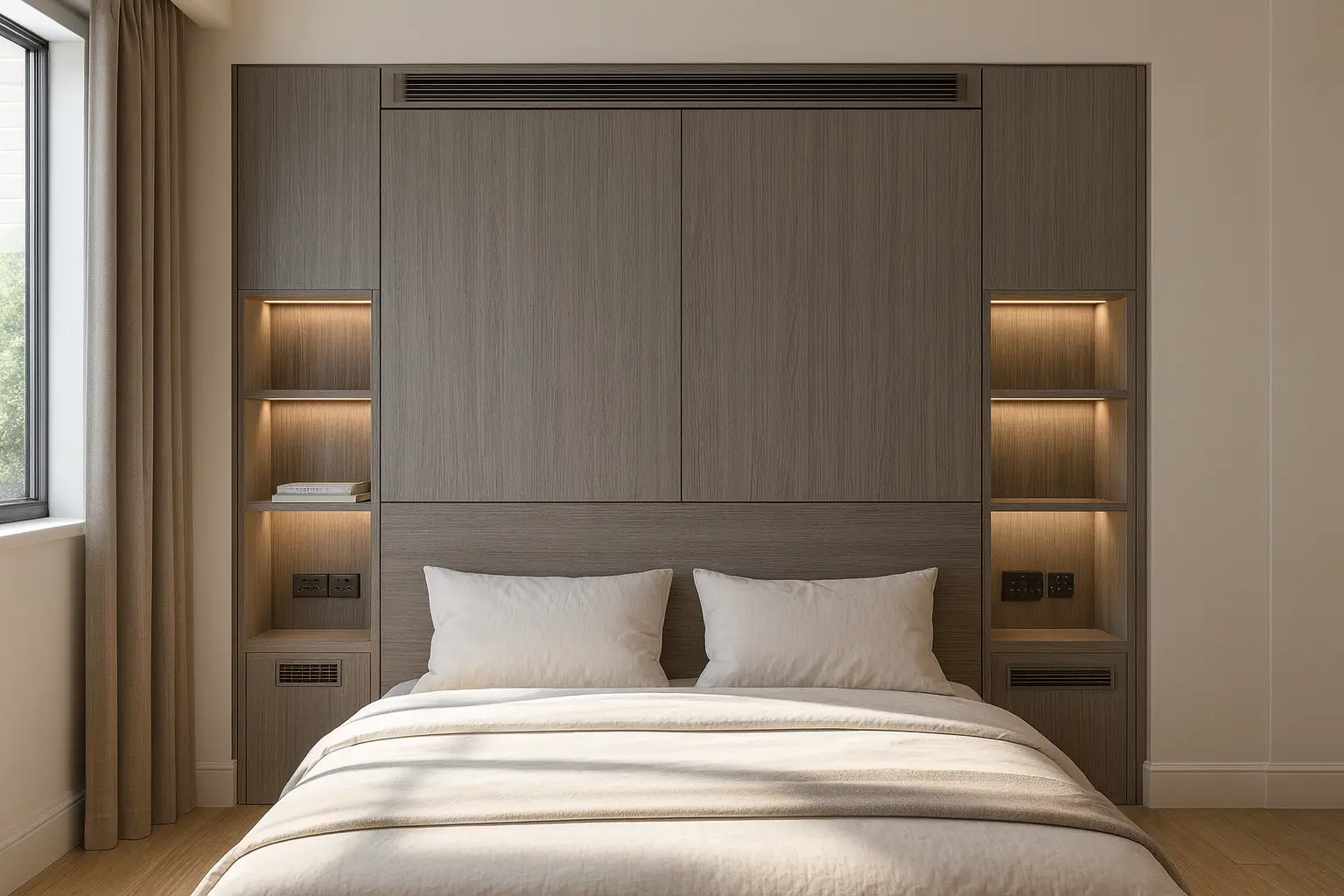 Bedroom smart wall front view with linear grille above headboard and warm shelf lighting.