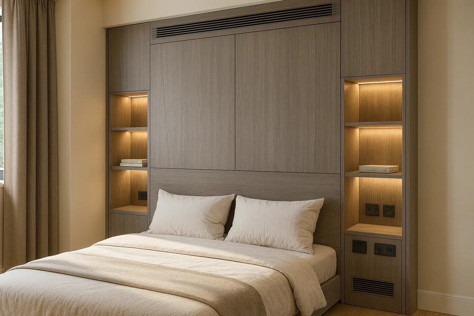 Bedroom smart wall angled view showing side modules and continuous linear grille.