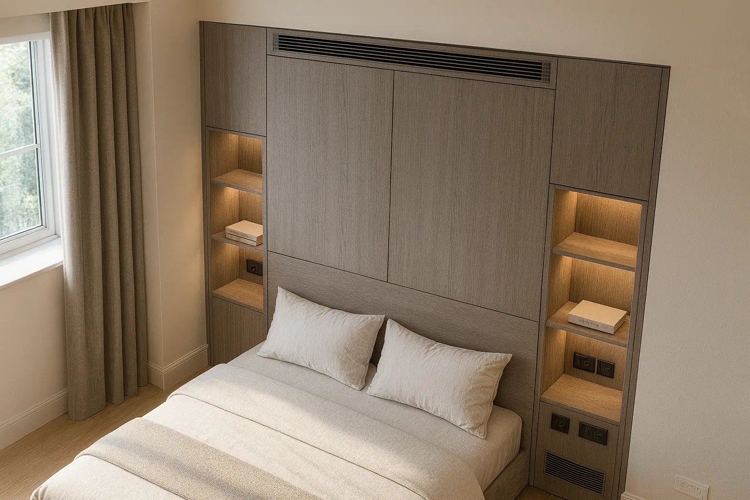 Bedroom smart wall angled view from the opposite side with lit shelving and power modules.