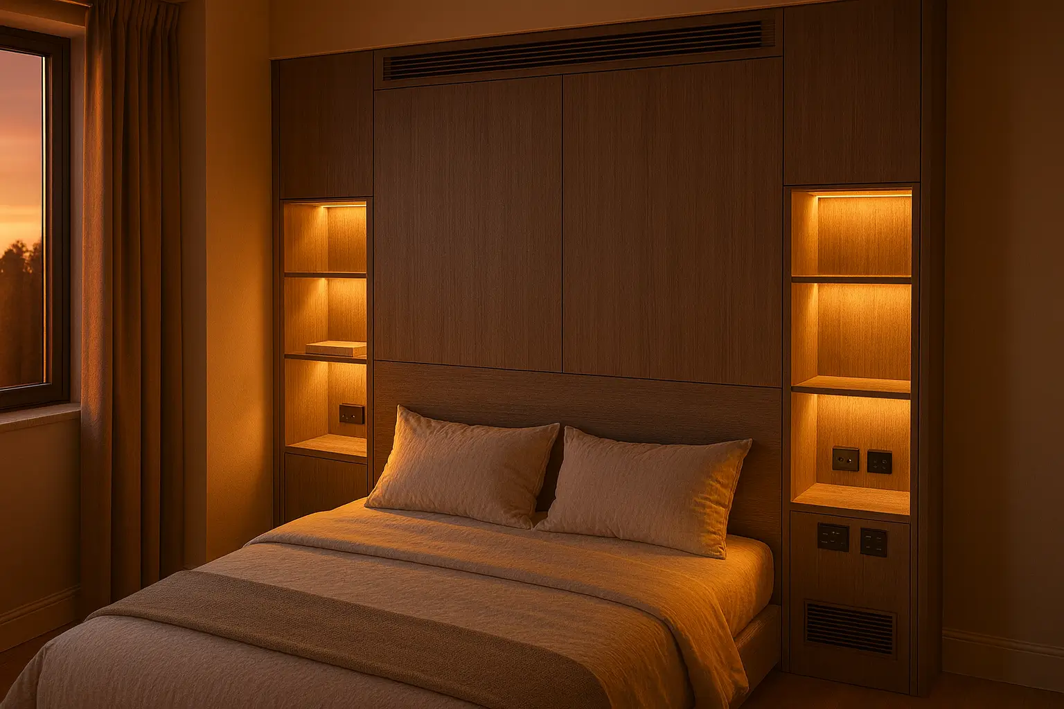 Bedroom smart wall at night with dimmed shelf LEDs and discreet linear grille above.