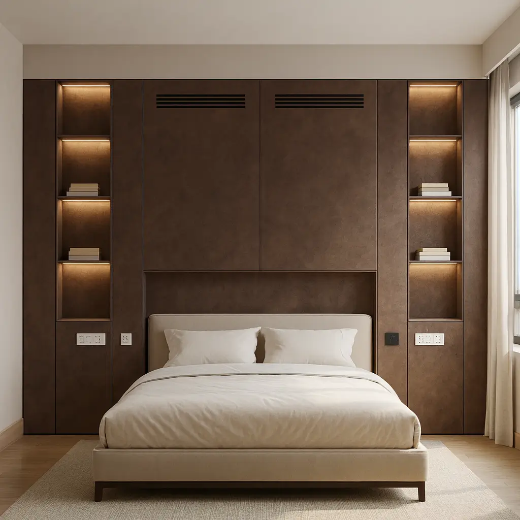 Smart bedroom wall with integrated headboard features and controls