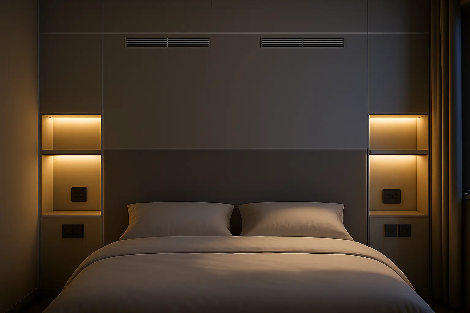 Bedroom smart wall at night with side units and warm shelf lighting.