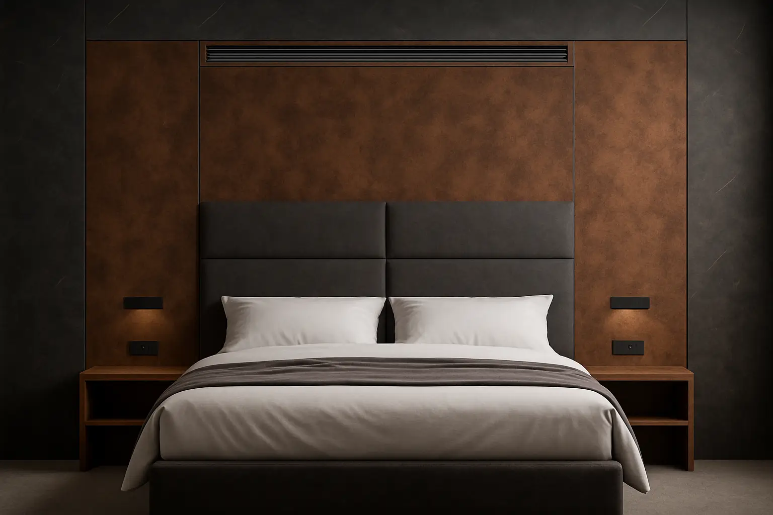 Minimal bedroom smart wall with side modules and linear grille above.