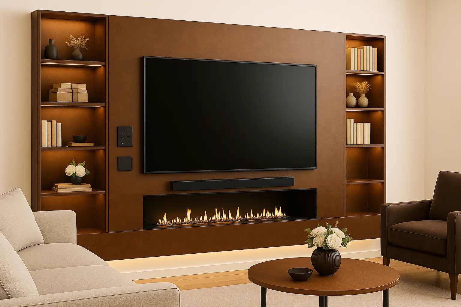 Living Room smart wall — Media bay, cable management, ambient lighting, and fireplace options.